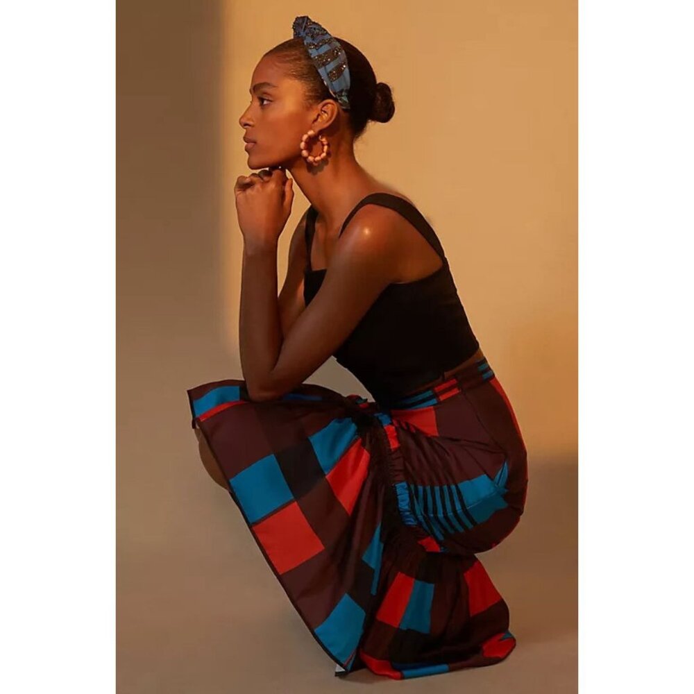 Anthropologie Flounced Midi Teal Orange Plaid A line Skirt by Eva Franco